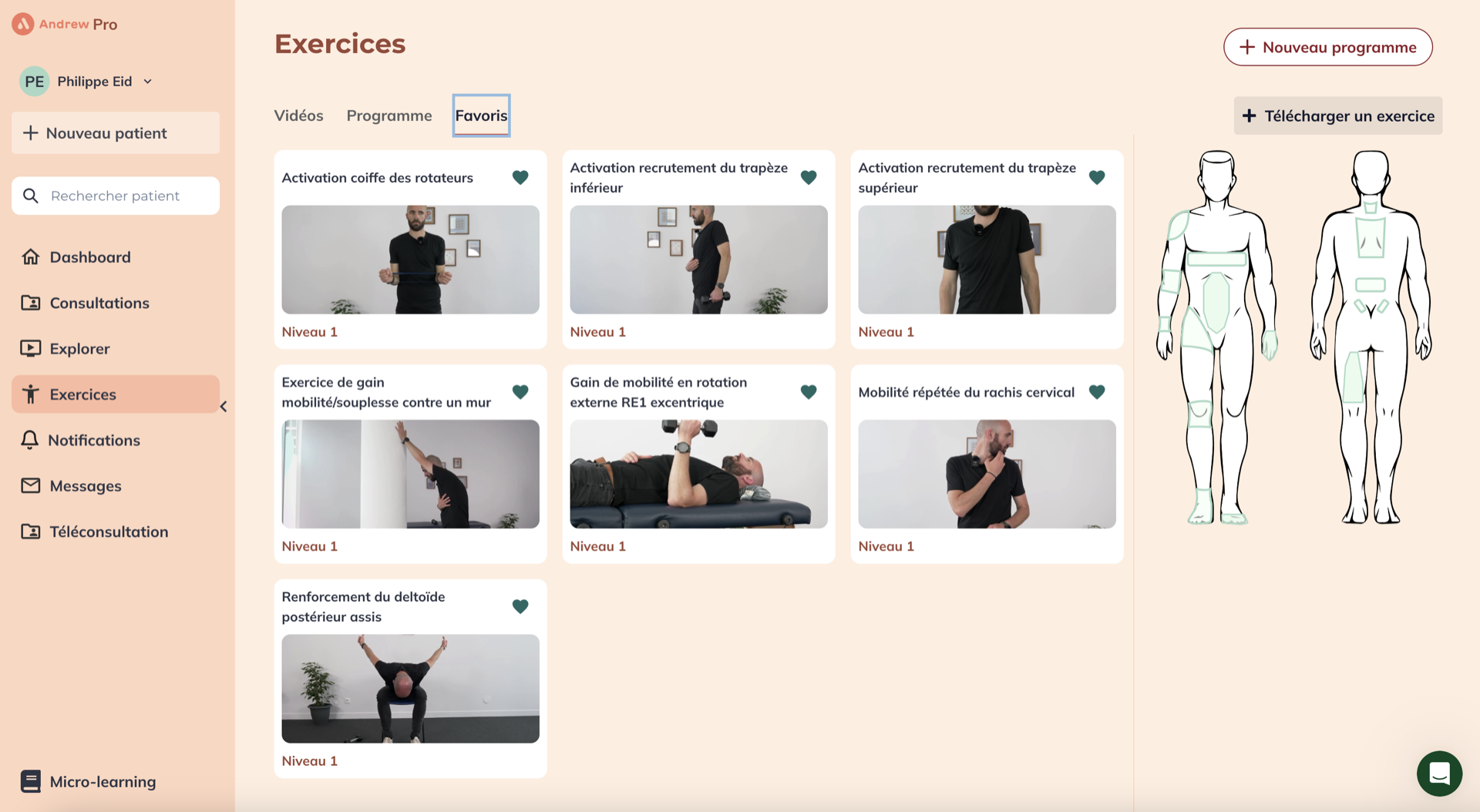 Interface de sélection d'exercice