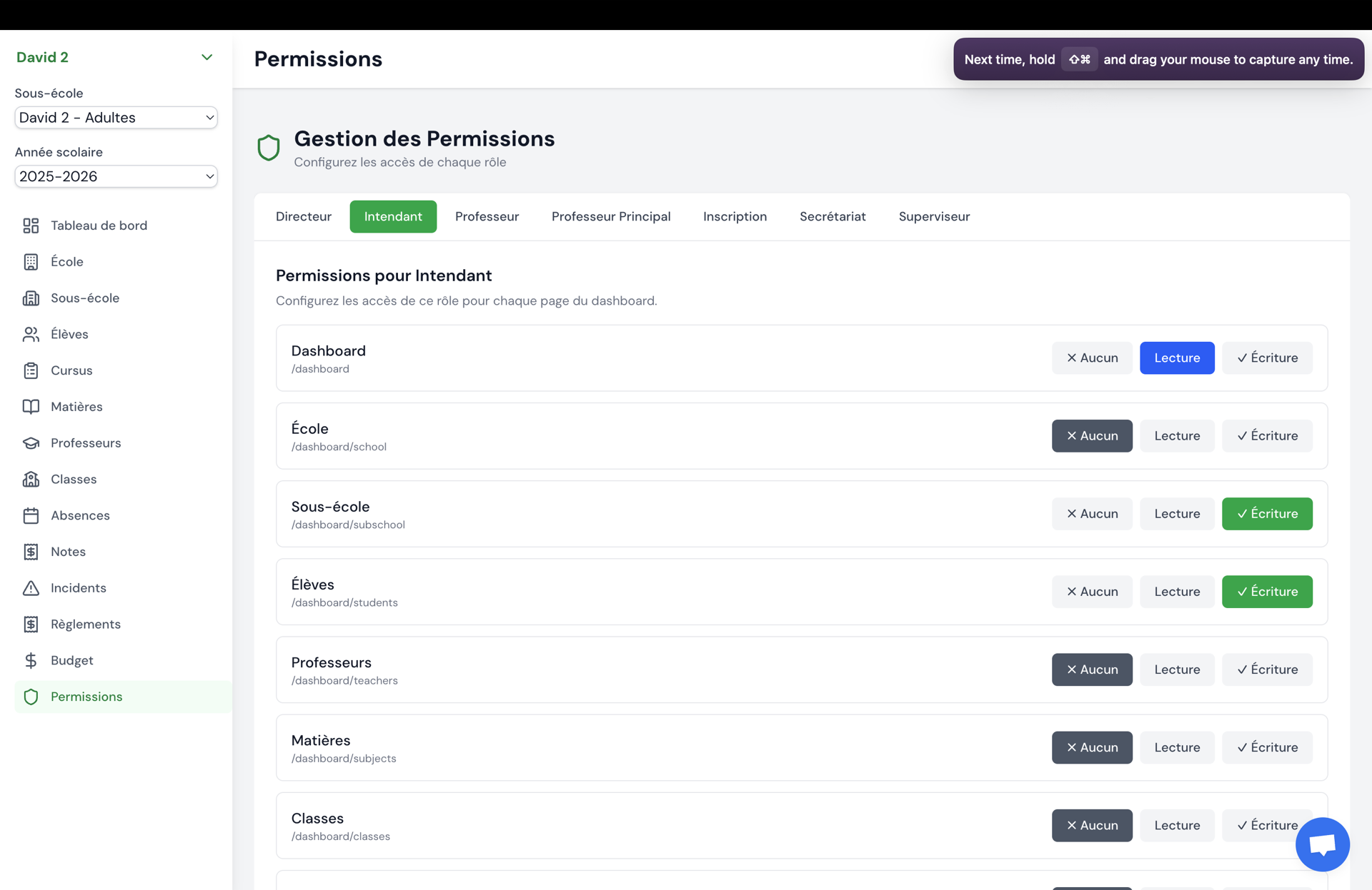 Madrass - gestion des permissions